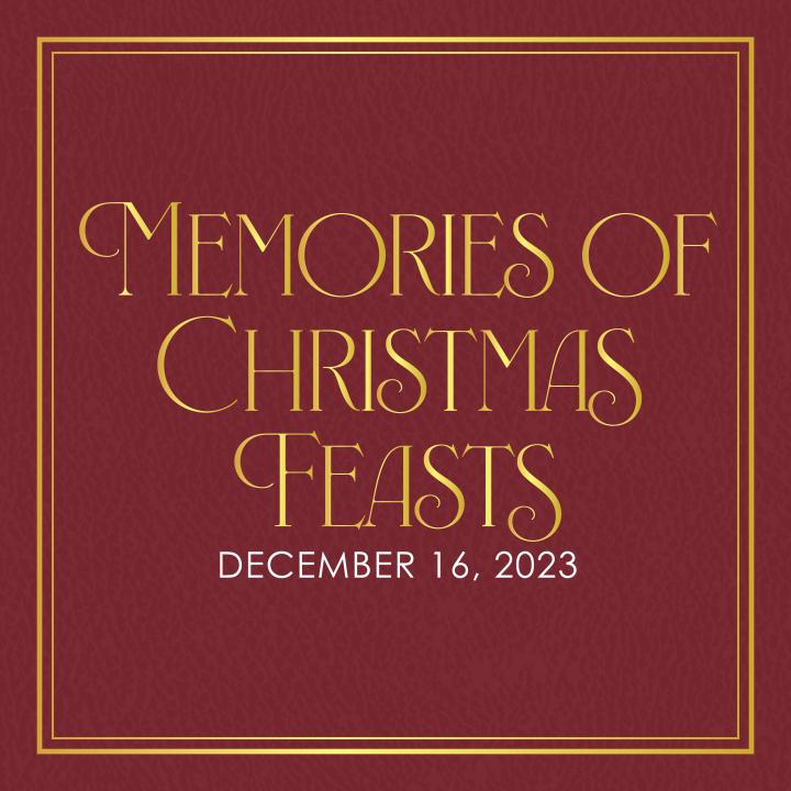 red leather book cover with memories of christmas feasts written across in gold